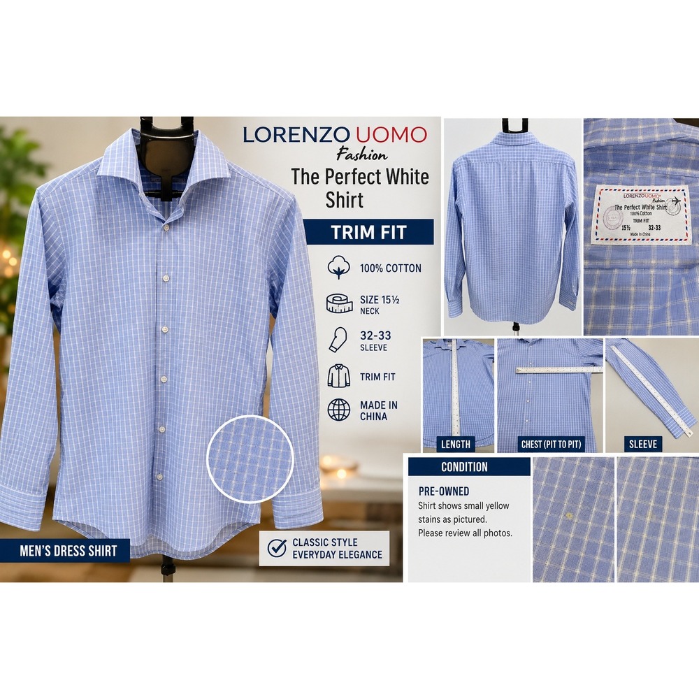 Lorenzo Uomo Men Blue White Grid Dress Shirt Trim Fit 15.5 32-33 Cotton